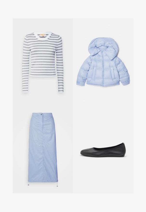 Light blue puffer jacket with a large hood, zip closure, and quilted design. Features two front pockets and elastic cuffs for a snug fit.; Striped long-sleeve top in grey and white, made of ribbed fabric. Round neckline with solid white trim, fitted silhouette, stretch material.; Light blue, mid-length skirt made of smooth, lightweight material with a straight cut, features a front button closure and drawstring hem.; Black leather ballet flat with a rounded toe, smooth texture, minimal stitching detail, and a flexible sole design.