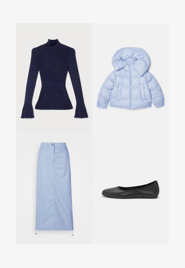 Helleblaue Steppjacke mit großer Kapuze, Reißverschluss und gesteppter Optik. Verfügt über zwei Fronttaschen und elastische Bündchen für eine bequeme Passform.; Navy gestreifter Rollkragenpullover aus geripptem Stoff. Verfügt über lange Ärmel mit weit ausgestellten, rüschierten Bündchen und einem hohen Kragen.; Helleblaue Midilänge-Rock aus glattem, leichtem Material mit geradem Schnitt, verfügt über eine Knopfverschluss vorne und einen Kordelzugsaum.; Schwarze Leder-Ballettschuhe mit abgerundeter Spitze, glatter Textur, minimalen Nähdetails und einem flexiblen Sohlen-Design.