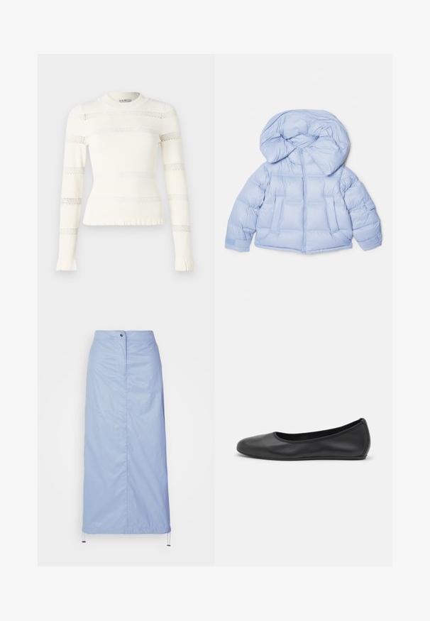 Light blue puffer jacket with a large hood, zip closure, and quilted design. Features two front pockets and elastic cuffs for a snug fit.; Cream long-sleeve top with a fitted design, featuring horizontal lace and ribbed patterns, and a ruffled hem at the cuffs.; Light blue, mid-length skirt made of smooth, lightweight material with a straight cut, features a front button closure and drawstring hem.; Black leather ballet flat with a rounded toe, smooth texture, minimal stitching detail, and a flexible sole design.