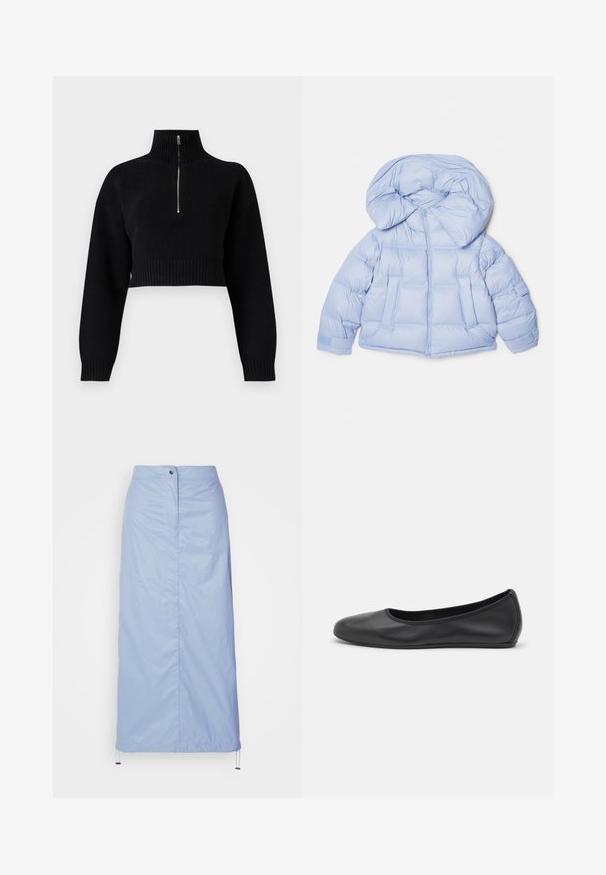 Giacca puffer azzurro chiaro con un ampio cappuccio, chiusura con zip e design trapuntato. Presenta due tasche anteriori e polsini elasticizzati per una vestibilità aderente.; Maglione cropped nero con colletto alto, caratterizzato da una chiusura con zip a metà. Tessuto lavorato a maglia, maniche ampie e dettagli a coste sull'orlo.; Gonna blu chiaro, di lunghezza media, realizzata in materiale liscio e leggero con taglio dritto, dotata di chiusura con bottoni frontali e orlo con cordoncino.; Pantofole da balletto nere in pelle con punta arrotondata, texture liscia, dettagli di cucitura minimi e design con suola flessibile.