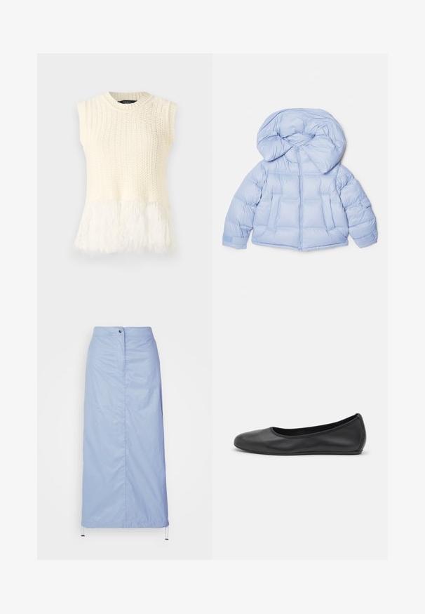 Svijetloplava puffer jakna s velikim kapuljačom, zatvaranjem na patentni zatvarač i kviltanim dizajnom. Sadrži dva prednja džepa i elastične manžete za usko pristajanje.; Top bez rukava u krem boji, sa teksturiranim tijelom i mekanim, pahuljastim rubom. Izrez je okrugli s rebrastim detaljima.; Bijela košulja dugih rukava s kragnom, izrađena od pamuka. Ima kopčanje s gumbima sprijeda i jednu džep na prsima. Glatka tekstura, ležeran kroj.; Svijetloplava suknja srednje dužine izrađena od glatkog, laganog materijala s ravnim krojem, ima prednje dugme za zatvaranje i vezicu na rubu.; Crne kožne baletanke s zaobljenim vrhom, glatke teksture, minimalnim detaljima šavova i fleksibilnim dizajnom potplata.