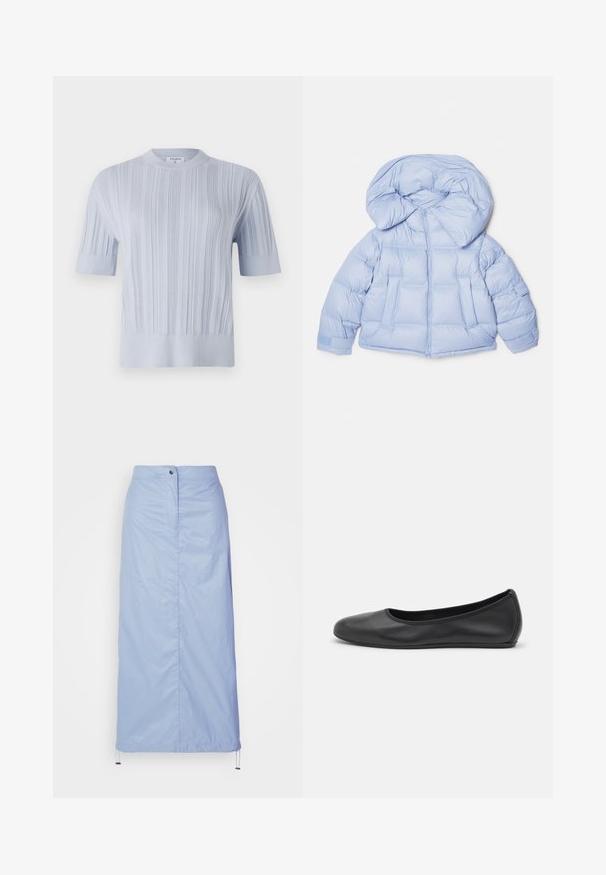 Jasnoniebieska kurtka puchowa z dużym kapturem, zapinana na zamek, o pikowanym designie. Posiada dwie przednie kieszenie oraz elastyczne mankiety dla lepszego dopasowania.; Jasnoniebieski krótki rękaw dzianinowy top z pionowym prążkowanym wzorem i okrągłym dekoltem. Tkanina ma subtelne detale i dopasowane wykończenie.; Jasnoniebieska, średniej długości spódnica wykonana z gładkiego, lekkiego materiału, o prostym kroju, z zapięciem na guzik z przodu i ściągaczem na dole.; Czarne skórzane baletki z zaokrąglonym noskiem, gładką fakturą, minimalnymi przeszyciami i elastycznym designem podeszwy.