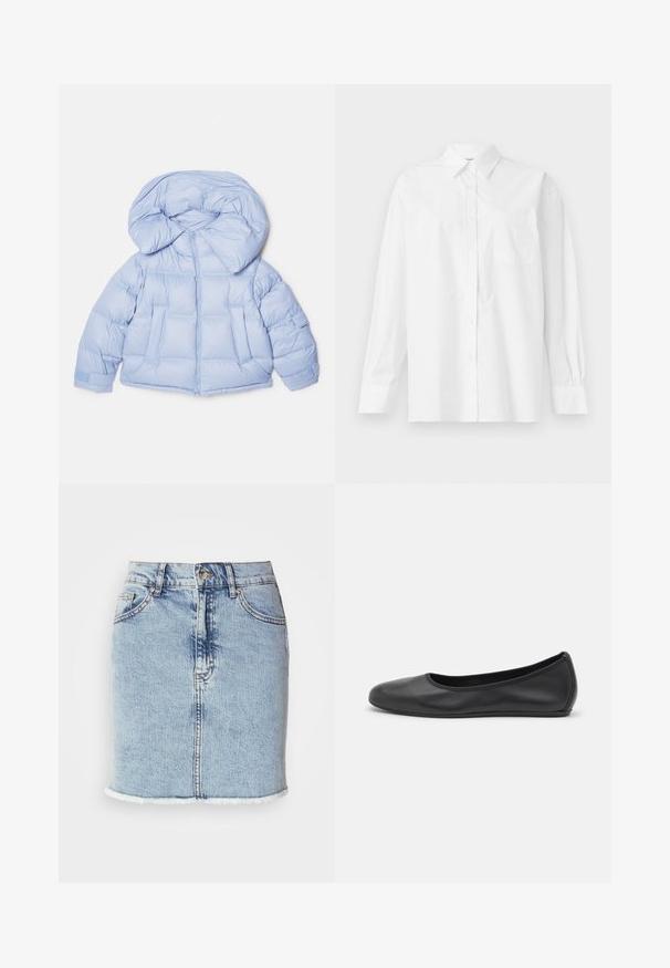 Valkoinen puhallusjakku, jossa on suuri huppu, vetoketjukiinnitys ja tikattu muotoilu. Sisältää kaksi etutaskua ja joustavat hihansuut tiivistä istuvuutta varten.; Valkoinen pitkähihaisessa paidassa on puuvillaa, klassinen kaulus, napitus ja vasemmalla puolella yksi rintatasku.; Vaaleansininen farkkuhame suoralla leikkauksella, kuluneet reunat, viisi taskua ja etuprojektin nappikiinnitys. Pehmeä pinta vaalennetuin yksityiskohdin.; Musta nahkainen ballerina, jossa on pyöristetty kärki, sileä pinta, minimaalinen ommelkoristelu ja joustava pohjamuotoilu.