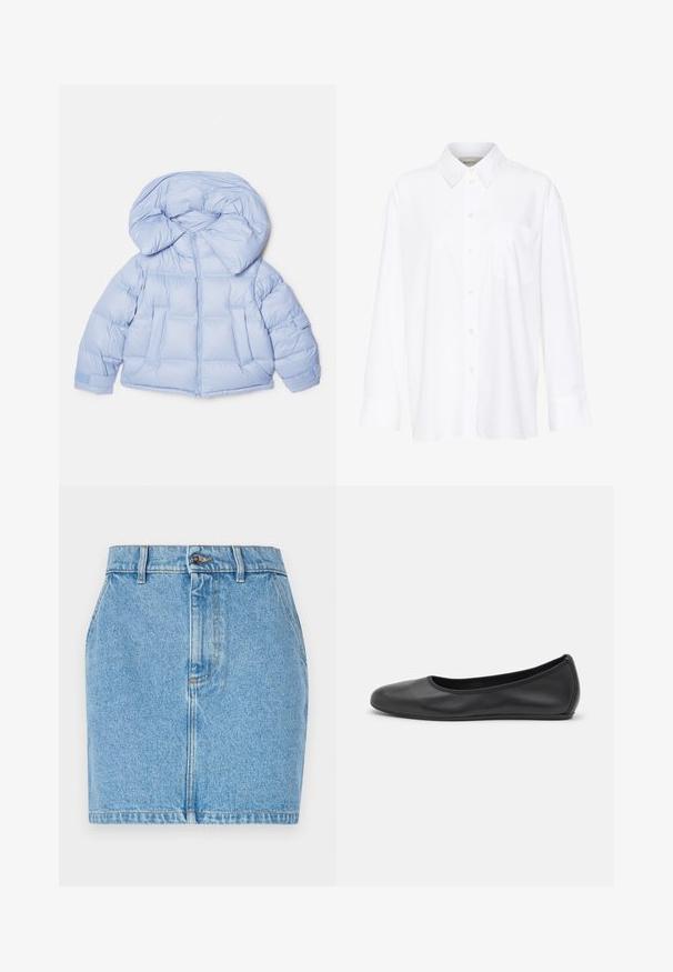Svetlo modrá zateplená bunda s veľkou kapucňou, zipsovým zapínaním a prešívaným dizajnom. Obsahuje dve predné vrecká a elastické manžety pre pohodlné nosenie.; Biela košeľa s dlhým rukávom a golierom vyrobená z bavlny. Má zapínanie na gombíky vpredu a jednu náprsníku vrecko. Hladká textúra, voľný strih.; Džínová sukňa v svetlomodrej farbe, s priliehavým strihom, piatimi vreckami a kontrastným prešívaním. Materiál má textúrovaný povrch.; Čierne kožené baleríny s okrúhlou špičkou, hladkým povrchom, minimálnym prešívaním a flexibilným dizajnom podrážky.