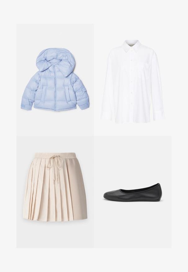 Valkoinen puhallusjakku, jossa on suuri huppu, vetoketjukiinnitys ja tikattu muotoilu. Sisältää kaksi etutaskua ja joustavat hihansuut tiivistä istuvuutta varten.; Valkoinen pitkähihainen kauluspaita, joka on valmistettu puuvillasta. Paidassa on napitettava etuosuus ja yksi rintatasku. Pehmeä pinta, rento malli.; Valakääritty hame vaaleanbeigessä, pehmeästä kankaasta. Varustettu joustavalla vyötärönauhalla, jossa on nyöri, ja pystysuorilla laskoksilla, jotka antavat tekstuuria.; Musta nahkainen ballerina, jossa on pyöristetty kärki, sileä pinta, minimaalinen ommelkoristelu ja joustava pohjamuotoilu.