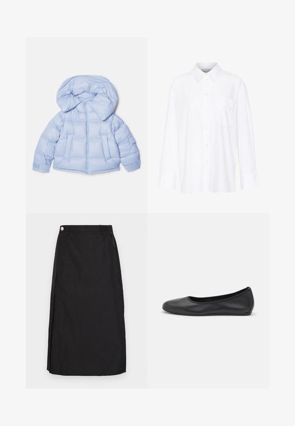 Light blue puffer jacket with a large hood, zip closure, and quilted design. Features two front pockets and elastic cuffs for a snug fit.; White long-sleeve collared shirt made of cotton. Features a button-down front and a single chest pocket. Smooth texture, relaxed fit.; Black knee-length skirt made of smooth fabric, featuring a front slit and a metallic button accent at the waistband.; Black leather ballet flat with a rounded toe, smooth texture, minimal stitching detail, and a flexible sole design.