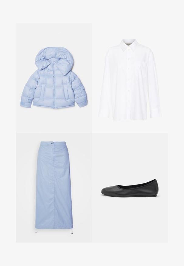 Jachetă puffer albastru deschis, cu o glugă mare, închidere cu fermoar și design matlasat. Dispune de două buzunare frontale și manșete elastice pentru o ajustare perfectă.; Cămașă albă cu mânecă lungă și guler, fabricată din bumbac. Are un închidere cu băta pe față și un singur buzunar pe piept. Textură netedă, croială lejeră.; Fustă bleu deschis, de lungime medie, confecționată dintr-un material fin și ușor, cu o croială dreaptă, având o închidere frontală cu nasturi și tiv cu șnur.; Balerini din piele neagră, cu vârf rotund, textură netedă, detalii de cusătură minimale și un design al tălpii flexibil.