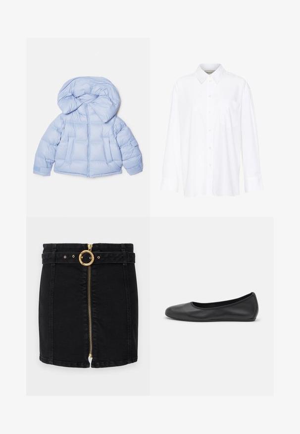 Casaco puffer azul claro com capuz grande, fecho de zip e design acolchoado. Apresenta dois bolsos frontais e punhos elásticos para um ajuste confortável.; Camisa branca de manga longa com colarinho feita de algodão. Apresenta uma parte frontal com botões e um único bolso no peito. Textura suave, corte descontraído.; Saia de ganga preta com uma fivela de cinto circular dourada, fecho éclair à frente e passantes para cinto. Apresenta um design ajustado e uma bainha reta.; Bailarina preta em pele com bico arredondado, textura suave, detalhe de costura minimalista e design de sola flexível.