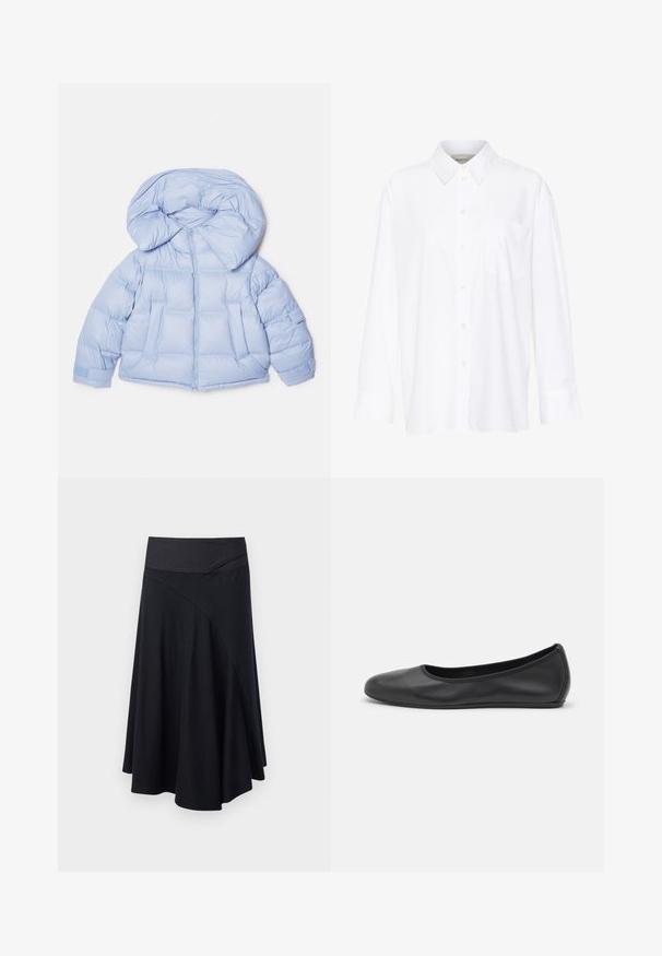 Světle modrá prošívaná bunda s velkou kapucí, zipovým zapínáním a prošívaným designem. Obsahuje dvě přední kapsy a elastické manžety pro těsné uchycení.; Bílá košile s dlouhým rukávem a límečkem vyrobená z bavlny. Má knoflíkovou přední část a jedno kapsičku na prsou. Hladký povrch, volný střih.; Černá áčková sukně s přiléhavým pasem, měkkou strukturou a ostrými švy, která se rozšiřuje od pasu k délce ke kolenům.; Černé kožené baletní byty s kulatou špičkou, hladkou texturou, minimálními švy a flexibilním designem podrážky.