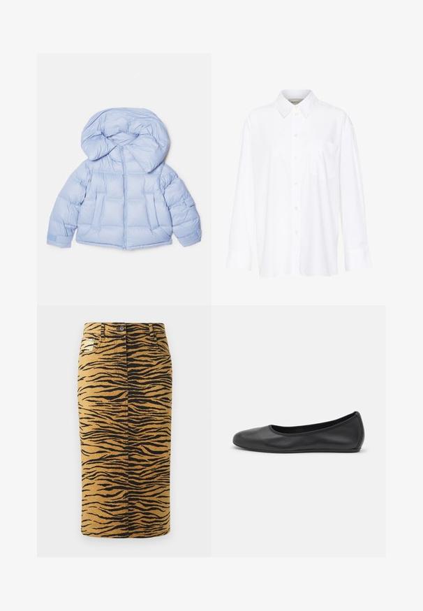 Jachetă puffer albastru deschis, cu o glugă mare, închidere cu fermoar și design matlasat. Dispune de două buzunare frontale și manșete elastice pentru o ajustare perfectă.; Cămașă albă cu mânecă lungă și guler, fabricată din bumbac. Are un închidere cu băta pe față și un singur buzunar pe piept. Textură netedă, croială lejeră.; Fustă cu dungi de tigru, având un fundal auriu cu modele negre. Fabricată din denim, are croi drept și include buzunare.; Balerini din piele neagră, cu vârf rotund, textură netedă, detalii de cusătură minimale și un design al tălpii flexibil.