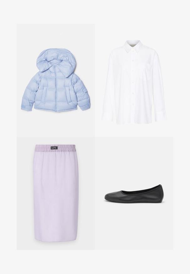 Lys blå pufferjakke med en stor hætte, lynlås og quiltet design. Har to frontlommer og elastiske manchetter for en tætsiddende pasform.; Hvid langærmet skjorte med krave lavet af bomuld. Har en knaplukning fortil og en enkelt brystlomme. Glat tekstur, afslappet pasform.; Lilla nederdel med elastisk talje, knælængde, glat tekstur og uden synlige mønstre eller accenter. Brandlogo på taljen.; Sort læderballetsko med rund tå, glat tekstur, minimal syning og et fleksibelt såldesign.
