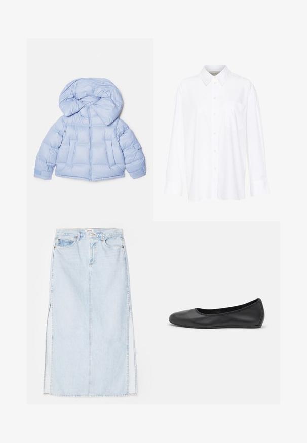 Valkoinen puhallusjakku, jossa on suuri huppu, vetoketjukiinnitys ja tikattu muotoilu. Sisältää kaksi etutaskua ja joustavat hihansuut tiivistä istuvuutta varten.; Valkoinen pitkähihainen kauluspaita, joka on valmistettu puuvillasta. Paidassa on napitettava etuosuus ja yksi rintatasku. Pehmeä pinta, rento malli.; Vaaleansininen farkkumaxi-hame, jossa on suora leikkaus, sivuaukot ja viisitaskumallinen muotoilu. Korostetut saumat ja metallinappikiinnitys.; Musta nahkainen ballerina, jossa on pyöristetty kärki, sileä pinta, minimaalinen ommelkoristelu ja joustava pohjamuotoilu.