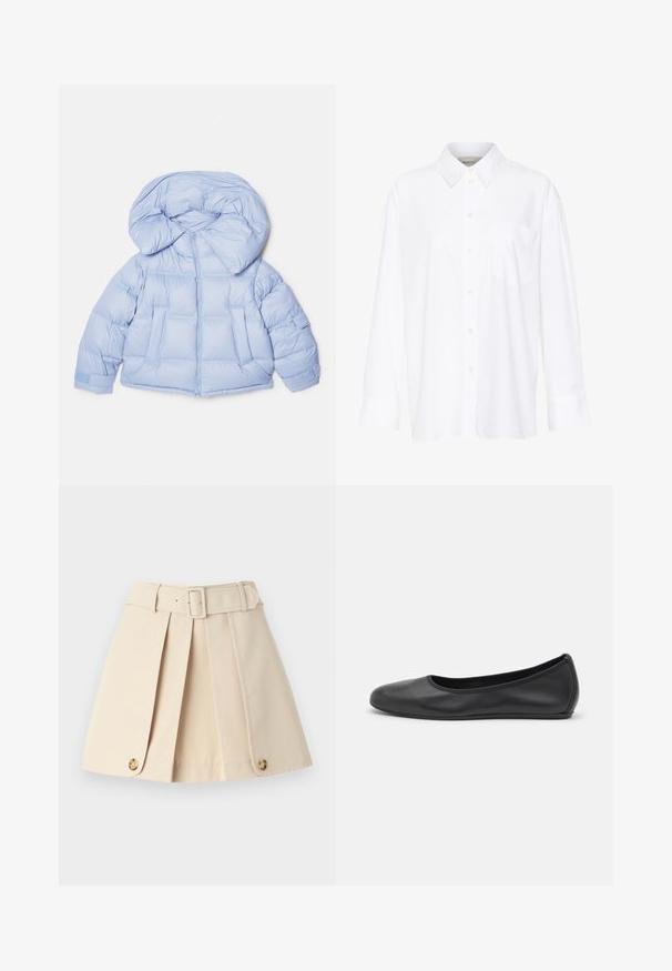 Casaco puffer azul claro com capuz grande, fecho de zip e design acolchoado. Apresenta dois bolsos frontais e punhos elásticos para um ajuste confortável.; Camisa branca de manga longa com colarinho feita de algodão. Apresenta uma parte frontal com botões e um único bolso no peito. Textura suave, corte descontraído.; Saia plissada bege com uma cintura ajustada, grandes passantes para cinto e detalhes em botão na barra. Confeccionada em um tecido leve e suave.; Bailarina preta em pele com bico arredondado, textura suave, detalhe de costura minimalista e design de sola flexível.