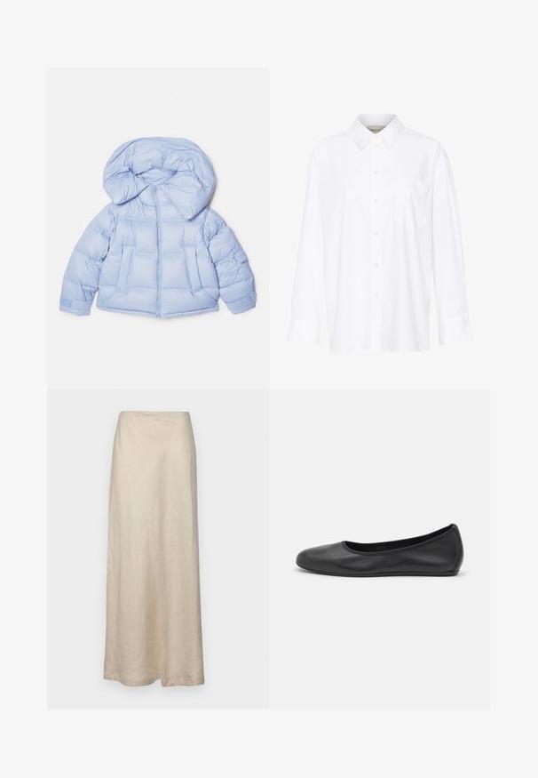 Light blue puffer jacket with a large hood, zip closure, and quilted design. Features two front pockets and elastic cuffs for a snug fit.; White long-sleeve collared shirt made of cotton. Features a button-down front and a single chest pocket. Smooth texture, relaxed fit.; Beige, linen maxi skirt with a simple, straight design and a smooth texture, featuring a high waist and no visible patterns or embellishments.; Black leather ballet flat with a rounded toe, smooth texture, minimal stitching detail, and a flexible sole design.