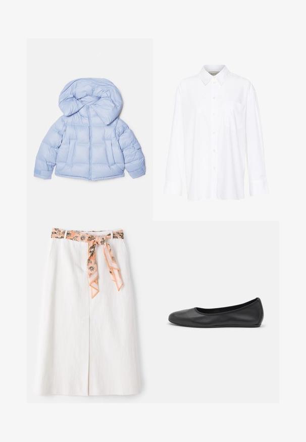 Světle modrá prošívaná bunda s velkou kapucí, zipovým zapínáním a prošívaným designem. Obsahuje dvě přední kapsy a elastické manžety pro těsné uchycení.; Bílá košile s dlouhým rukávem a límečkem vyrobená z bavlny. Má knoflíkovou přední část a jedno kapsičku na prsou. Hladký povrch, volný střih.; Bílá midi sukně s patterned hedvábnou stuhou v pase. Má rovný střih a jemnou strukturu. Bez viditelných zapínání.; Černé kožené baletní byty s kulatou špičkou, hladkou texturou, minimálními švy a flexibilním designem podrážky.