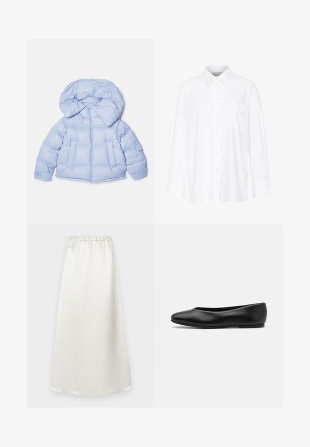 Casaco puffer azul claro com capuz grande, fecho de zip e design acolchoado. Apresenta dois bolsos frontais e punhos elásticos para um ajuste confortável.; Camisa branca de manga longa com colarinho feita de algodão. Apresenta uma parte frontal com botões e um único bolso no peito. Textura suave, corte descontraído.; Saia branca até ao tornozelo feita de um tecido leve e suave, com um cós franzido e um acabamento texturizado subtil.; Paul Smith TOPANGA - Sabrinas - black