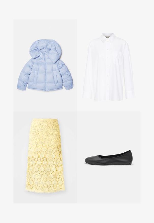Helleblaue Steppjacke mit großer Kapuze, Reißverschluss und gesteppter Optik. Verfügt über zwei Fronttaschen und elastische Bündchen für eine bequeme Passform.; Weißes Langarmhemd mit Kragen aus Baumwolle. Verfügt über eine durchgehende Knopfleiste und eine Brusttasche. Glatte Textur, lockere Passform.; Gelber gehäkelter Miditrock mit sternförmigen Blumenmustern, ausgestattet mit einem gewellten Saum und einer strukturierten Oberfläche. Elastischer Bund für eine gute Passform.; Schwarze Leder-Ballettschuhe mit abgerundeter Spitze, glatter Textur, minimalen Nähdetails und einem flexiblen Sohlen-Design.