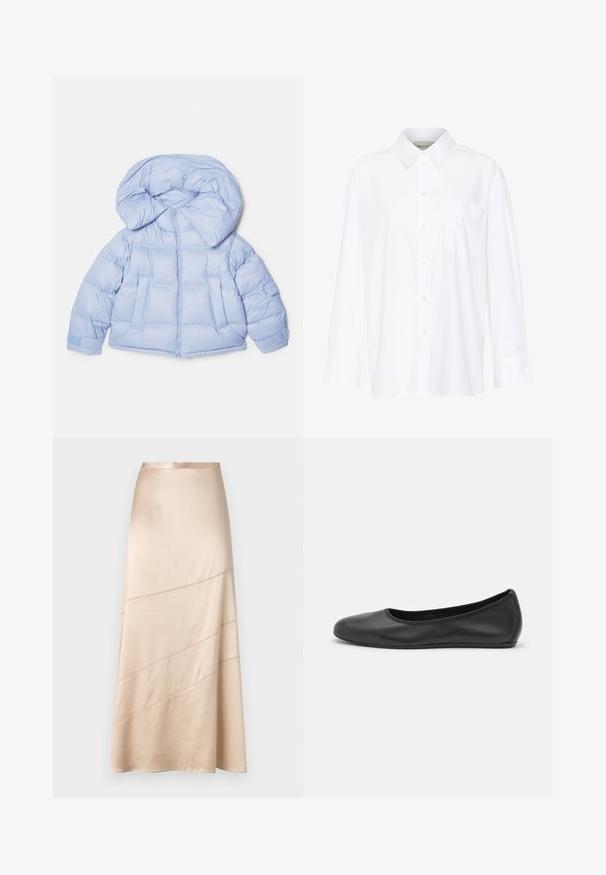 Jachetă puffer albastru deschis, cu o glugă mare, închidere cu fermoar și design matlasat. Dispune de două buzunare frontale și manșete elastice pentru o ajustare perfectă.; Cămașă albă cu mânecă lungă și guler, fabricată din bumbac. Are un închidere cu băta pe față și un singur buzunar pe piept. Textură netedă, croială lejeră.; Fustă midi din satin bej deschis, cu o siluetă fluidă, detalii de cusături diagonale și o textură netedă, cu o strălucire subtilă.; Balerini din piele neagră, cu vârf rotund, textură netedă, detalii de cusătură minimale și un design al tălpii flexibil.