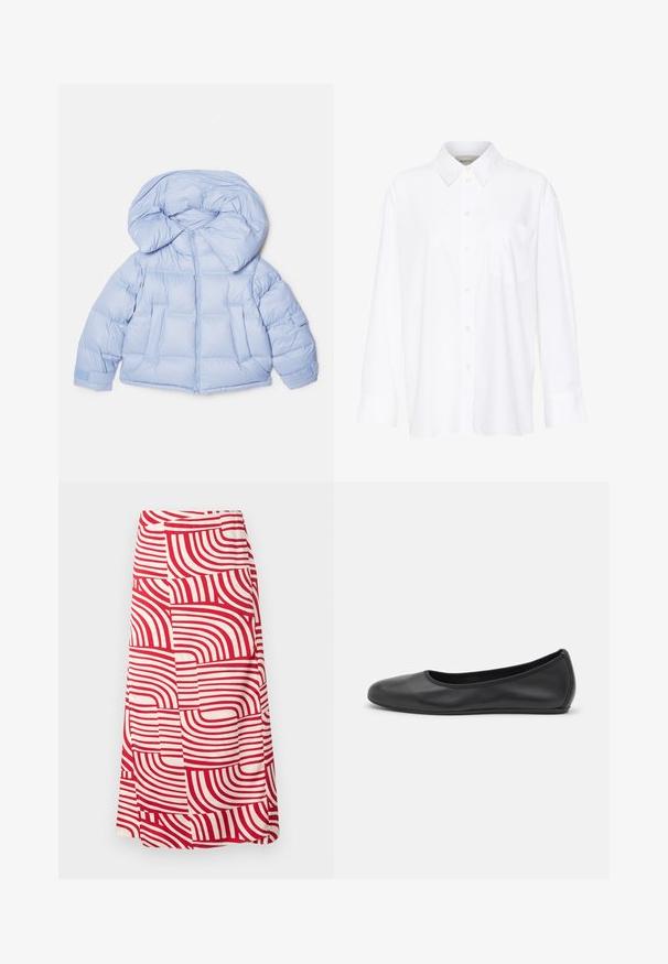 Light blue puffer jacket with a large hood, zip closure, and quilted design. Features two front pockets and elastic cuffs for a snug fit.; White long-sleeve collared shirt made of cotton. Features a button-down front and a single chest pocket. Smooth texture, relaxed fit.; Red and cream knee-length skirt featuring bold, curved stripes in varying widths, made from soft fabric with a smooth texture.; Black leather ballet flat with a rounded toe, smooth texture, minimal stitching detail, and a flexible sole design.