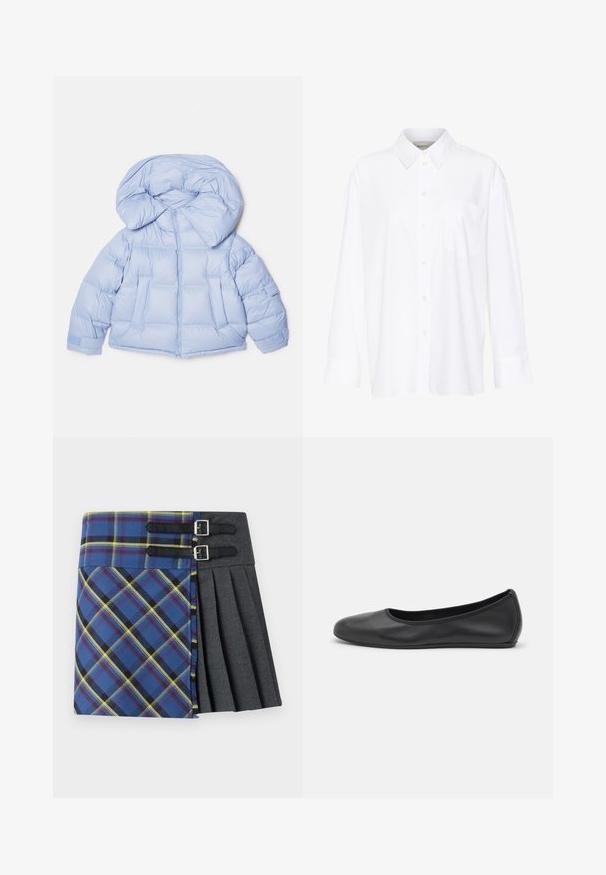 Doudoune bleu clair avec une grande capuche, fermeture éclair et design matelassé. Elle comporte deux poches avant et des poignets élastiques pour un ajustement confortable.; Chemise blanche à manches longues avec col, en coton. Présente un devant à boutons et une poche poitrine unique. Texture lisse, coupe décontractée.; Jupe écossaise avec un motif à carreaux bleu, vert et jaune, comportant une section plissée grise, maintenue par deux sangles noires avec des boucles en argent.; Ballerines en cuir noir avec un bout rond, texture lisse, détails de couture minimalistes et design de semelle flexible.