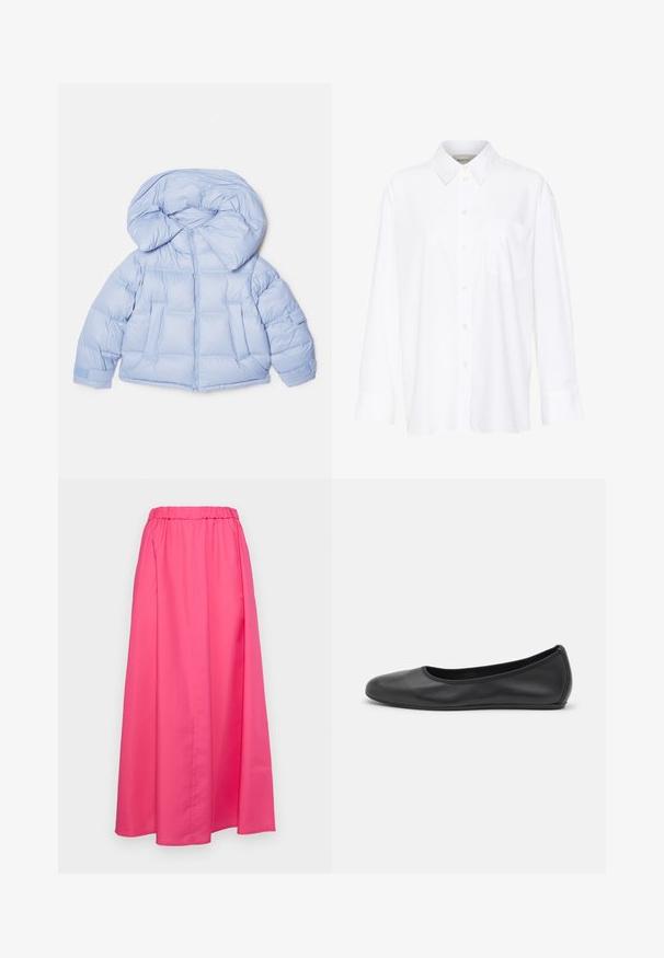 Helleblaue Steppjacke mit großer Kapuze, Reißverschluss und gesteppter Optik. Verfügt über zwei Fronttaschen und elastische Bündchen für eine bequeme Passform.; Weißes Langarmhemd mit Kragen aus Baumwolle. Verfügt über eine durchgehende Knopfleiste und eine Brusttasche. Glatte Textur, lockere Passform.; MAX&Co. MATRIGNA - Maxirock - azaleerot; Schwarze Leder-Ballettschuhe mit abgerundeter Spitze, glatter Textur, minimalen Nähdetails und einem flexiblen Sohlen-Design.