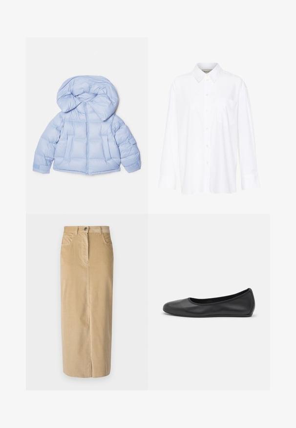 Gaiši zila pūkaina jaka ar lielu kapuci, rāvējslēdzēja aizdare un izšūta rakstu. Iespējas divas priekšējās kabatas un elastīgas aproces, lai nodrošinātu ciešu pieguļošanu.; Baltais garo piedurkņu krekls ar apkakli, izgatavots no kokvilnas. Aprīkots ar pogu aizdari priekšā un vienu krūšu kabatu. Gluda tekstūra, brīvs piegriezums.; Weekend Max Mara GHIOTTO - Maksi svārki - beige; Melna ādas baleta kurpe ar noapaļotu purngalu, gludu tekstūru, minimālu šuvju detalizāciju un elastīgu zoles dizainu.