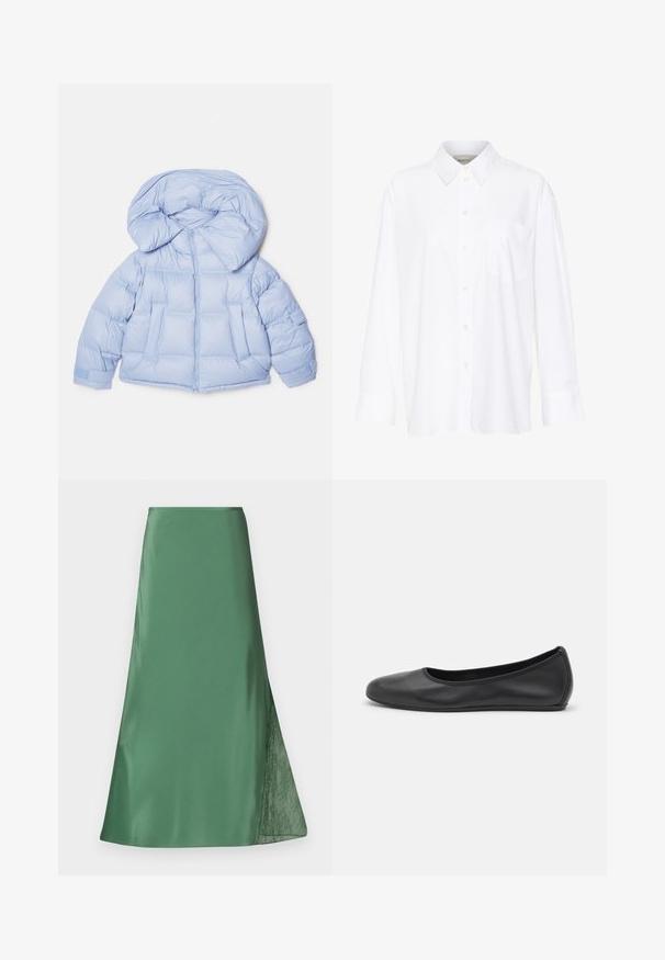 Hele sinine puffjakiga, millel on suur kapuuts, tõmblukk ja tikandiga disain. Omab kahte esist taskut ja elastseid mansette mugava istuvuse tagamiseks.; Valge pika käisega krae särg, mis on valmistatud puuvillast. Omab nööbipaneeli esiosa ja ühte rinna taskut. Sujuv tekstuur, vabalt lõigatud.; Roheline satiinseelik voolava A-line siluetiga, millel on ühel küljel õhuline pitsdetail, et lisada tekstuuri ja kontrasti.; Musthave mustika tantsutossud mustast nahast, ümmarguse varbaga, siledast tekstuurist, minimaalse õmblusdetailiga ja paindliku tallakujundusega.