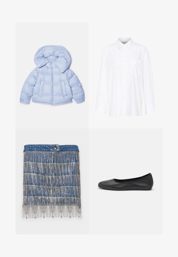 Chaqueta de plumas azul claro con una gran capucha, cierre de cremallera y diseño acolchado. Cuenta con dos bolsillos frontales y puños elásticos para un ajuste ceñido.; Camisa blanca de manga larga y cuello hecha de algodón. Presenta un cierre de botones en la parte delantera y un bolsillo en el pecho. Textura suave, ajuste relajado.; Minifalda de mezclilla con adornos de lentejuelas plateadas, presenta patrones de rayas horizontales, un cierre de botón y un dobladillo deshilachado.; Bailarina de piel negra con punta redondeada, textura suave, detalle de costura minimalista y diseño de suela flexible.