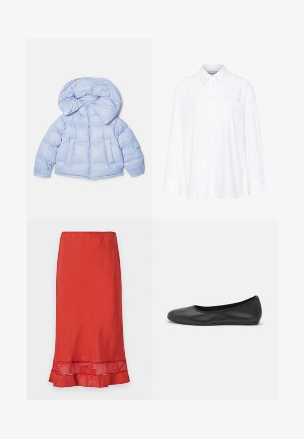 Helleblaue Steppjacke mit großer Kapuze, Reißverschluss und gesteppter Optik. Verfügt über zwei Fronttaschen und elastische Bündchen für eine bequeme Passform.; Weißes Langarmhemd mit Kragen aus Baumwolle. Verfügt über eine durchgehende Knopfleiste und eine Brusttasche. Glatte Textur, lockere Passform.; Roter Bleistiftrock aus glattem Stoff, mit einem Netzakzent am Saum. Der Rock hat eine figurbetonte Silhouette mit einem gerafften unteren Rand.; Schwarze Leder-Ballettschuhe mit abgerundeter Spitze, glatter Textur, minimalen Nähdetails und einem flexiblen Sohlen-Design.