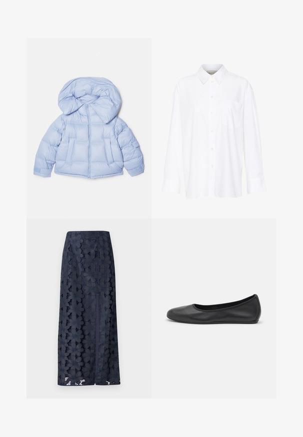 Světle modrá prošívaná bunda s velkou kapucí, zipovým zapínáním a prošívaným designem. Obsahuje dvě přední kapsy a elastické manžety pro těsné uchycení.; Bílá košile s dlouhým rukávem a límečkem vyrobená z bavlny. Má knoflíkovou přední část a jedno kapsičku na prsou. Hladký povrch, volný střih.; Tyrkysová krajková sukně s květinovými vzory, rovný střih a boční rozparek pro pohodlný pohyb. Měkká textura a složité detaily.; Černé kožené baletní byty s kulatou špičkou, hladkou texturou, minimálními švy a flexibilním designem podrážky.