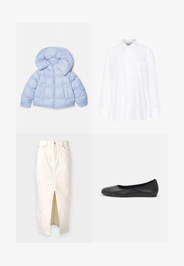 Lys blå pufferjakke med en stor hætte, lynlås og quiltet design. Har to frontlommer og elastiske manchetter for en tætsiddende pasform.; Hvid langærmet skjorte med krave lavet af bomuld. Har en knaplukning fortil og en enkelt brystlomme. Glat tekstur, afslappet pasform.; Hvid denim-skjørt med en frontslid, der har en høj talje, bæltestropper og klassisk fem-lomme-design. Struktureret stof med syningsdetaljer.; Sort læderballetsko med rund tå, glat tekstur, minimal syning og et fleksibelt såldesign.