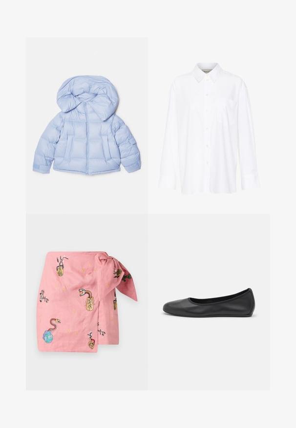 Hele sinine puffjakiga, millel on suur kapuuts, tõmblukk ja tikandiga disain. Omab kahte esist taskut ja elastseid mansette mugava istuvuse tagamiseks.; Valge pika käisega krae särg, mis on valmistatud puuvillast. Omab nööbipaneeli esiosa ja ühte rinna taskut. Sujuv tekstuur, vabalt lõigatud.; Roosa linane mähis, millel on tikkimisega kujundid madudest ja vaasidest. Omab sõlme yksikasju ja dekoratiivseid tähekujundeid üle kogu pinna.; Musthave mustika tantsutossud mustast nahast, ümmarguse varbaga, siledast tekstuurist, minimaalse õmblusdetailiga ja paindliku tallakujundusega.