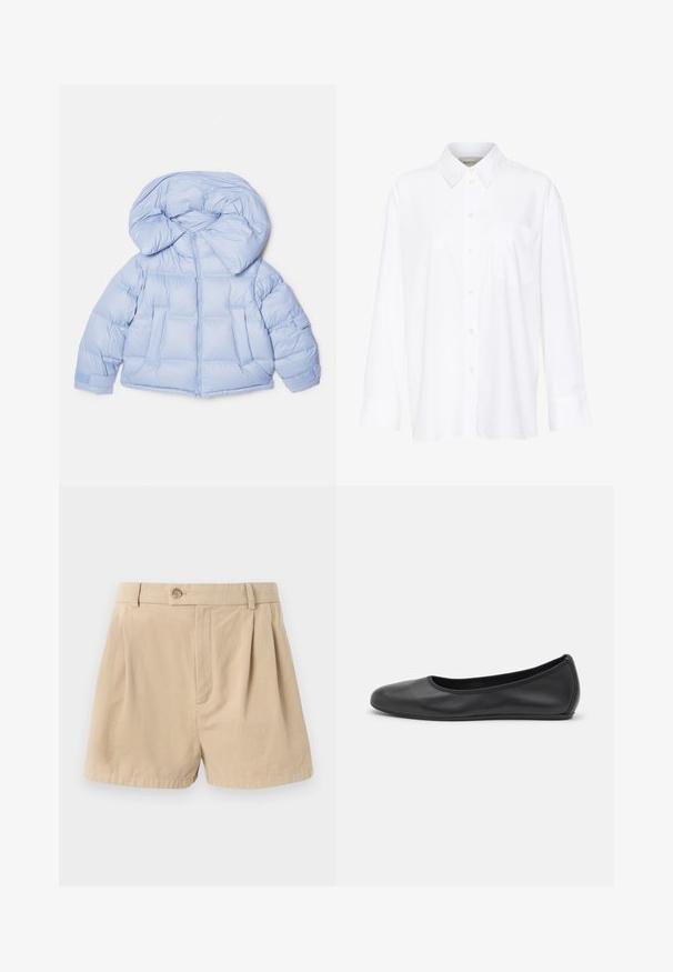 Gaiši zila pūkaina jaka ar lielu kapuci, rāvējslēdzēja aizdare un izšūta rakstu. Iespējas divas priekšējās kabatas un elastīgas aproces, lai nodrošinātu ciešu pieguļošanu.; Baltais garo piedurkņu krekls ar apkakli, izgatavots no kokvilnas. Aprīkots ar pogu aizdari priekšā un vienu krūšu kabatu. Gluda tekstūra, brīvs piegriezums.; Filippa K HIGH WAIST PLEATED - Šorti - beige; Melna ādas baleta kurpe ar noapaļotu purngalu, gludu tekstūru, minimālu šuvju detalizāciju un elastīgu zoles dizainu.