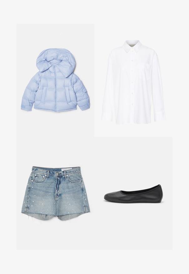 Valkoinen puhallusjakku, jossa on suuri huppu, vetoketjukiinnitys ja tikattu muotoilu. Sisältää kaksi etutaskua ja joustavat hihansuut tiivistä istuvuutta varten.; Valkoinen pitkähihainen kauluspaita, joka on valmistettu puuvillasta. Paidassa on napitettava etuosuus ja yksi rintatasku. Pehmeä pinta, rento malli.; rag & bone VINTAGE CUT OFF SHORT - Farkkushortsit - solanajewe; Musta nahkainen ballerina, jossa on pyöristetty kärki, sileä pinta, minimaalinen ommelkoristelu ja joustava pohjamuotoilu.