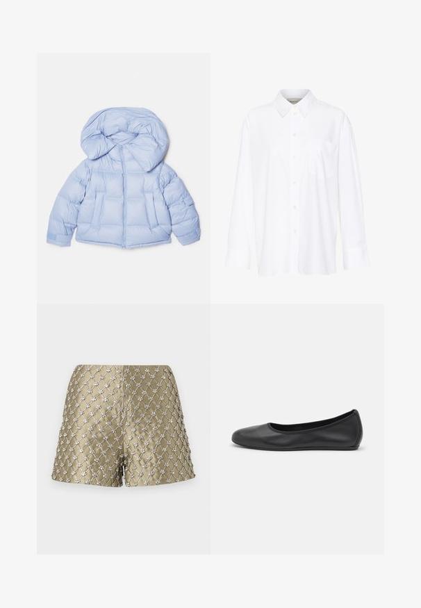 Doudoune bleu clair avec une grande capuche, fermeture éclair et design matelassé. Elle comporte deux poches avant et des poignets élastiques pour un ajustement confortable.; Chemise blanche à manches longues avec col, en coton. Présente un devant à boutons et une poche poitrine unique. Texture lisse, coupe décontractée.; Shorts métalliques dorés arborant un motif matelassé avec des embellissements floraux argentés, créant une apparence texturée et décorative.; Ballerines en cuir noir avec un bout rond, texture lisse, détails de couture minimalistes et design de semelle flexible.