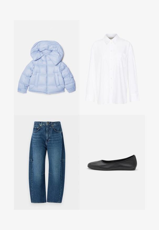 Light blue puffer jacket with a large hood, zip closure, and quilted design. Features two front pockets and elastic cuffs for a snug fit.; White long-sleeve collared shirt made of cotton. Features a button-down front and a single chest pocket. Smooth texture, relaxed fit.; rag & bone CHARLIE BARREL JEAN - Wide Leg - dark blue denim; Black leather ballet flat with a rounded toe, smooth texture, minimal stitching detail, and a flexible sole design.