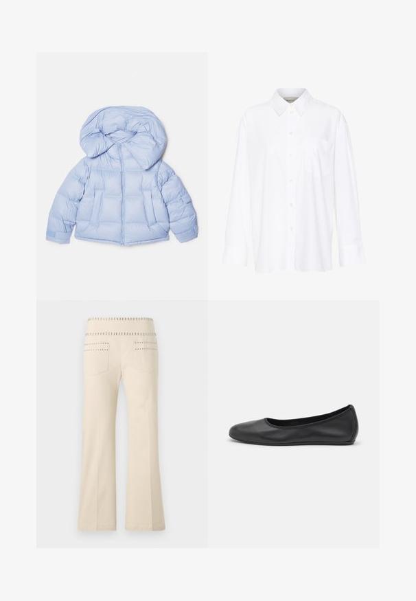 Light blue puffer jacket with a large hood, zip closure, and quilted design. Features two front pockets and elastic cuffs for a snug fit.; White long-sleeve collared shirt made of cotton. Features a button-down front and a single chest pocket. Smooth texture, relaxed fit.; Cream-colored flared pants with studded accents along the waistband and back pockets, made from soft, textured fabric.; Black leather ballet flat with a rounded toe, smooth texture, minimal stitching detail, and a flexible sole design.