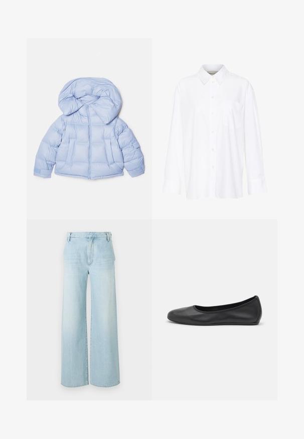 Šviesiai mėlynas pūkinis švarkas su dideliu kapišonu, užtrauktuku ir siuvinėta struktūra. Turintis dvi priekinės kišenes ir elastines rankoves, kad sandariai priglustų.; Balta ilgomis rankovėmis marškiniai su apykakle, pagaminti iš medvilnės. Su mygtukų užsegimu priekyje ir viena krūtinės kišenė. Lygus paviršius, laisvas siluetas.; Šviesiai mėlynos plačios kojų džinsai, pagaminti iš džinsinio audinio. Juosmens aukštis didelis, turi penkias kišenes, subtilus nudėvėjimas ir švarus kraštas.; Juodai odiniai baletai su apvaliu pirštu, lygi texture, minimalus siuvimo detales ir lanksčiu padų dizainu.