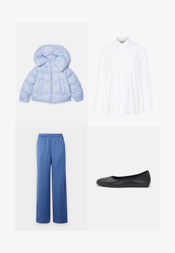 Hele sinine puffjakiga, millel on suur kapuuts, tõmblukk ja tikandiga disain. Omab kahte esist taskut ja elastseid mansette mugava istuvuse tagamiseks.; Valge pika käisega krae särg, mis on valmistatud puuvillast. Omab nööbipaneeli esiosa ja ühte rinna taskut. Sujuv tekstuur, vabalt lõigatud.; Sinised laiad püksid elastse vöökohtaga, valmistatud siledast kangast. Omavad sirget lõiget ning neil puuduvad nähtavad taskud või kaunistused.; Musthave mustika tantsutossud mustast nahast, ümmarguse varbaga, siledast tekstuurist, minimaalse õmblusdetailiga ja paindliku tallakujundusega.