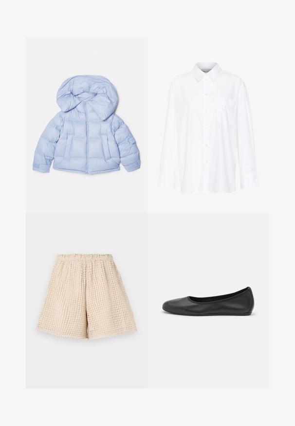 Doudoune bleu clair avec une grande capuche, fermeture éclair et design matelassé. Elle comporte deux poches avant et des poignets élastiques pour un ajustement confortable.; Chemise blanche à manches longues avec col, en coton. Présente un devant à boutons et une poche poitrine unique. Texture lisse, coupe décontractée.; Shorts beiges avec un motif texturé en forme de gaufre. Ceinture élastique et coupe ample. Longueur mi-cuisse. Matériau léger.; Ballerines en cuir noir avec un bout rond, texture lisse, détails de couture minimalistes et design de semelle flexible.