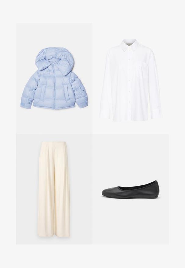 Gaiši zila pūkaina jaka ar lielu kapuci, rāvējslēdzēja aizdare un izšūta rakstu. Iespējas divas priekšējās kabatas un elastīgas aproces, lai nodrošinātu ciešu pieguļošanu.; Baltais garo piedurkņu krekls ar apkakli, izgatavots no kokvilnas. Aprīkots ar pogu aizdari priekšā un vienu krūšu kabatu. Gluda tekstūra, brīvs piegriezums.; Norma Kamali MENS PLEAT - Auduma bikses - cream; Melna ādas baleta kurpe ar noapaļotu purngalu, gludu tekstūru, minimālu šuvju detalizāciju un elastīgu zoles dizainu.