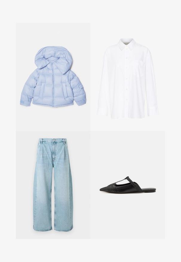 Világoskék puffdzseki nagy kapucnival, cipzáras záródással és steppelt mintázattal. Két elülső zsebbel és rugalmas mandzsettákkal rendelkezik a kényelmes illeszkedés érdekében.; Fehér, hosszú ujjú, galléros ing, amely pamutból készült. Gombos elülső része és egyetlen mellzsebe van. Simított textúra, laza szabás.; Világoskék, bő szárú farmernadrág, elöl plissékkel, gombos záródással és egyenes szegélyekkel, amelyeken elhalványult textúra található.; Fekete bőr slingback cipő hegyes orral, szőtt díszítéssel és redőzött felső dizájnnal. Lapos talp minimális hardverrel.