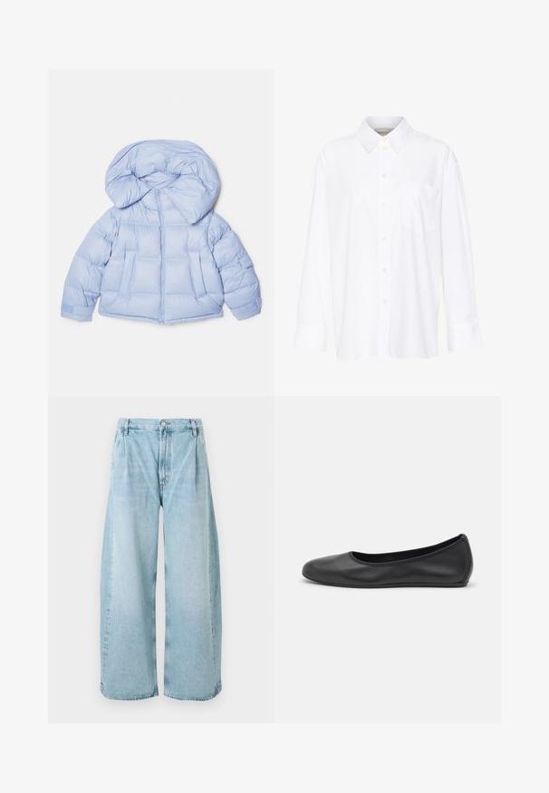 Světle modrá prošívaná bunda s velkou kapucí, zipovým zapínáním a prošívaným designem. Obsahuje dvě přední kapsy a elastické manžety pro těsné uchycení.; Bílá košile s dlouhým rukávem a límečkem vyrobená z bavlny. Má knoflíkovou přední část a jedno kapsičku na prsou. Hladký povrch, volný střih.; Světle modré džínové kalhoty s širokým střihem a sklady vpředu, s knoflíkovým zapínáním a rovnými lemy, s vybledlou texturou po celém povrchu.; Černé kožené baletní byty s kulatou špičkou, hladkou texturou, minimálními švy a flexibilním designem podrážky.