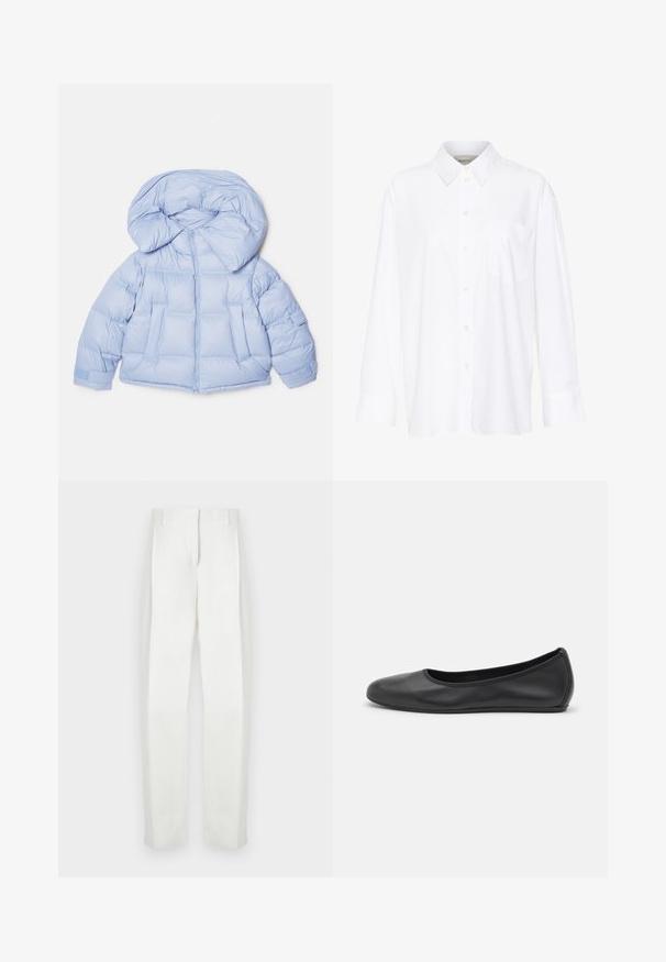 Light blue puffer jacket with a large hood, zip closure, and quilted design. Features two front pockets and elastic cuffs for a snug fit.; White long-sleeve collared shirt made of cotton. Features a button-down front and a single chest pocket. Smooth texture, relaxed fit.; Paul Smith Trousers - white; Black leather ballet flat with a rounded toe, smooth texture, minimal stitching detail, and a flexible sole design.