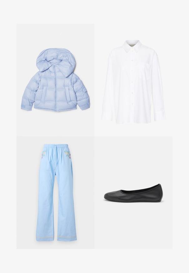 Casaco puffer azul claro com capuz grande, fecho de zip e design acolchoado. Apresenta dois bolsos frontais e punhos elásticos para um ajuste confortável.; Camisa branca de manga longa com colarinho feita de algodão. Apresenta uma parte frontal com botões e um único bolso no peito. Textura suave, corte descontraído.; Calças de algodão azul claro com cintura elástica, apresentando bordados florais na frente e um acabamento contrastante nas bainhas.; Bailarina preta em pele com bico arredondado, textura suave, detalhe de costura minimalista e design de sola flexível.