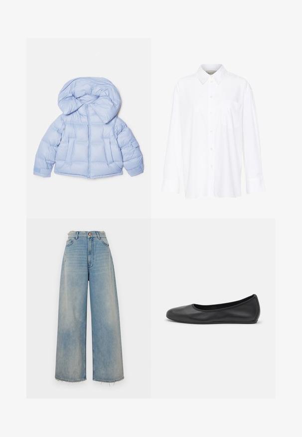 Svetlo modrá zateplená bunda s veľkou kapucňou, zipsovým zapínaním a prešívaným dizajnom. Obsahuje dve predné vrecká a elastické manžety pre pohodlné nosenie.; Biela košeľa s dlhým rukávom a golierom vyrobená z bavlny. Má zapínanie na gombíky vpredu a jednu náprsníku vrecko. Hladká textúra, voľný strih.; Svetlomodré džínsy širokého strihu s odtrhnutým lemom, piatimi vreckami a gombíkovým zapínaním. Na prednej strane majú mierne poškodenie.; Čierne kožené baleríny s okrúhlou špičkou, hladkým povrchom, minimálnym prešívaním a flexibilným dizajnom podrážky.
