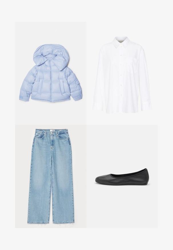 Jasnoniebieska kurtka puchowa z dużym kapturem, zapinana na zamek, o pikowanym designie. Posiada dwie przednie kieszenie oraz elastyczne mankiety dla lepszego dopasowania.; Biała, długosleeve'owa koszula z kołnierzykiem, wykonana z bawełny. Posiada zapięcie na guziki z przodu oraz jedną kieszeń na piersi. Gładka tekstura, luźny krój.; Jasnoniebieskie dżinsy o szerokich nogawkach, wykonane z denimu, z postrzępionym dolnym brzegiem, klasycznym pięciopocketowym fasonem oraz zapięciem na guzik w talii.; Czarne skórzane baletki z zaokrąglonym noskiem, gładką fakturą, minimalnymi przeszyciami i elastycznym designem podeszwy.