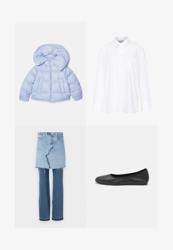 Gaiši zila pūkaina jaka ar lielu kapuci, rāvējslēdzēja aizdare un izšūta rakstu. Iespējas divas priekšējās kabatas un elastīgas aproces, lai nodrošinātu ciešu pieguļošanu.; Baltais garo piedurkņu krekls ar apkakli, izgatavots no kokvilnas. Aprīkots ar pogu aizdari priekšā un vienu krūšu kabatu. Gluda tekstūra, brīvs piegriezums.; Denim apģērbs, kas apvieno gaiši zilu mini svārku augšā un tumši zilus izplestu džinsus apakšā; tam ir saplēsta apakša un klasiskā denim auduma tekstūra.; Melna ādas baleta kurpe ar noapaļotu purngalu, gludu tekstūru, minimālu šuvju detalizāciju un elastīgu zoles dizainu.