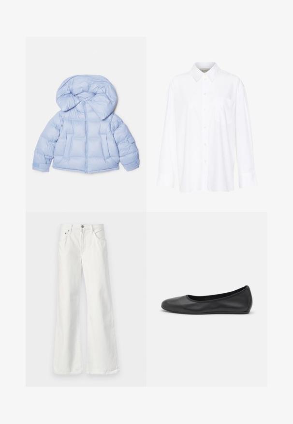 Světle modrá prošívaná bunda s velkou kapucí, zipovým zapínáním a prošívaným designem. Obsahuje dvě přední kapsy a elastické manžety pro těsné uchycení.; Bílá košile s dlouhým rukávem a límečkem vyrobená z bavlny. Má knoflíkovou přední část a jedno kapsičku na prsou. Hladký povrch, volný střih.; Bílé džínové zvonové kalhoty s vysokým pasem, pěti kapsami a viditelným švem. Obsahují kovové zapínání na knoflík a zip.; Černé kožené baletní byty s kulatou špičkou, hladkou texturou, minimálními švy a flexibilním designem podrážky.