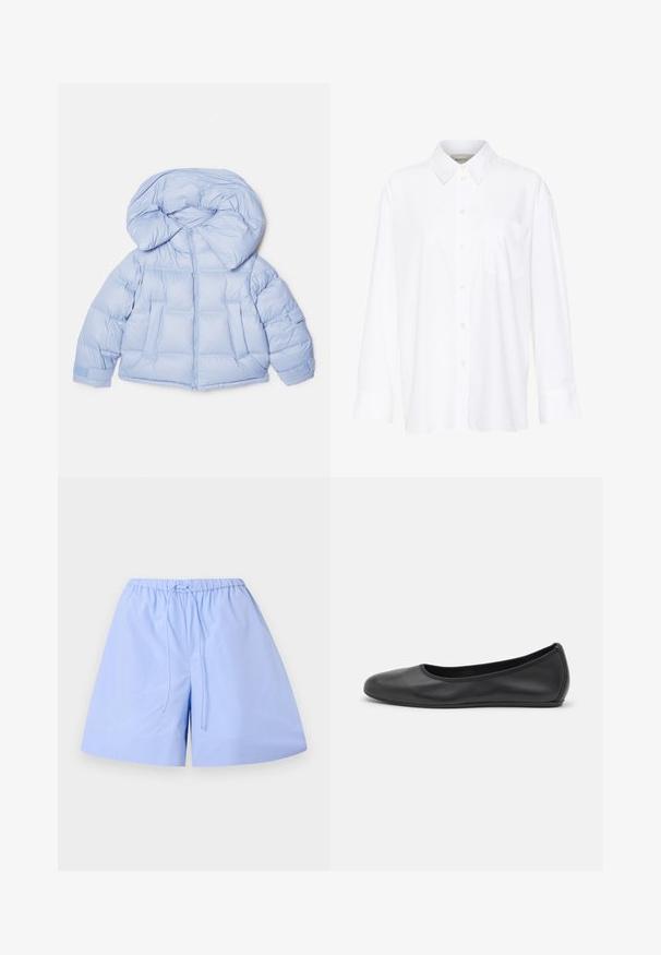Svetlo modrá zateplená bunda s veľkou kapucňou, zipsovým zapínaním a prešívaným dizajnom. Obsahuje dve predné vrecká a elastické manžety pre pohodlné nosenie.; Biela košeľa s dlhým rukávom a golierom vyrobená z bavlny. Má zapínanie na gombíky vpredu a jednu náprsníku vrecko. Hladká textúra, voľný strih.; Svetlomodré bavlnené šortky so pruhovaným vzorom, elastickým pásom a nastaviteľnou šnúrkou. Majú voľný strih a hladkú textúru.; Čierne kožené baleríny s okrúhlou špičkou, hladkým povrchom, minimálnym prešívaním a flexibilným dizajnom podrážky.
